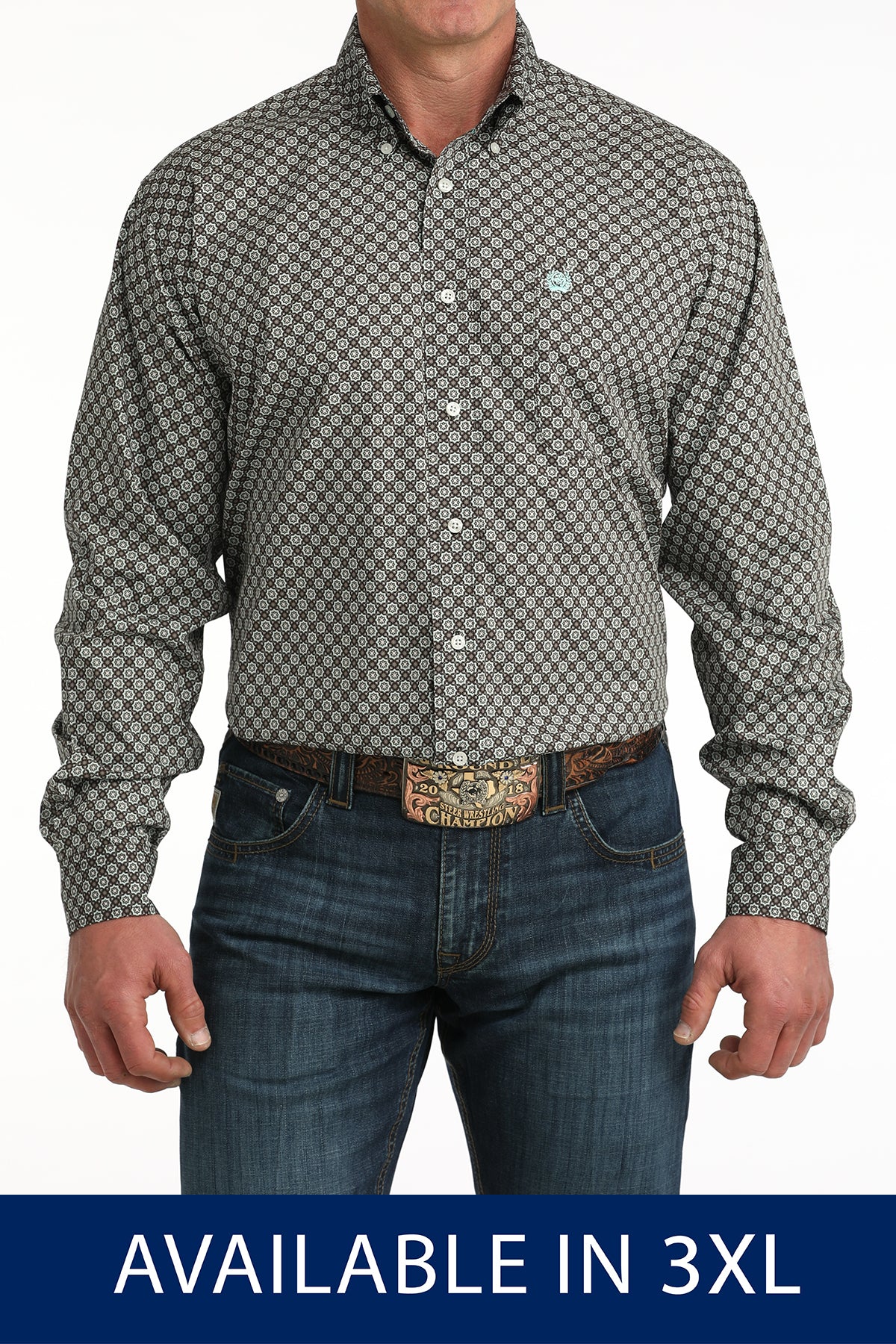 Man wearing a patterned shirt and jeans with a belt buckle, on a white background.