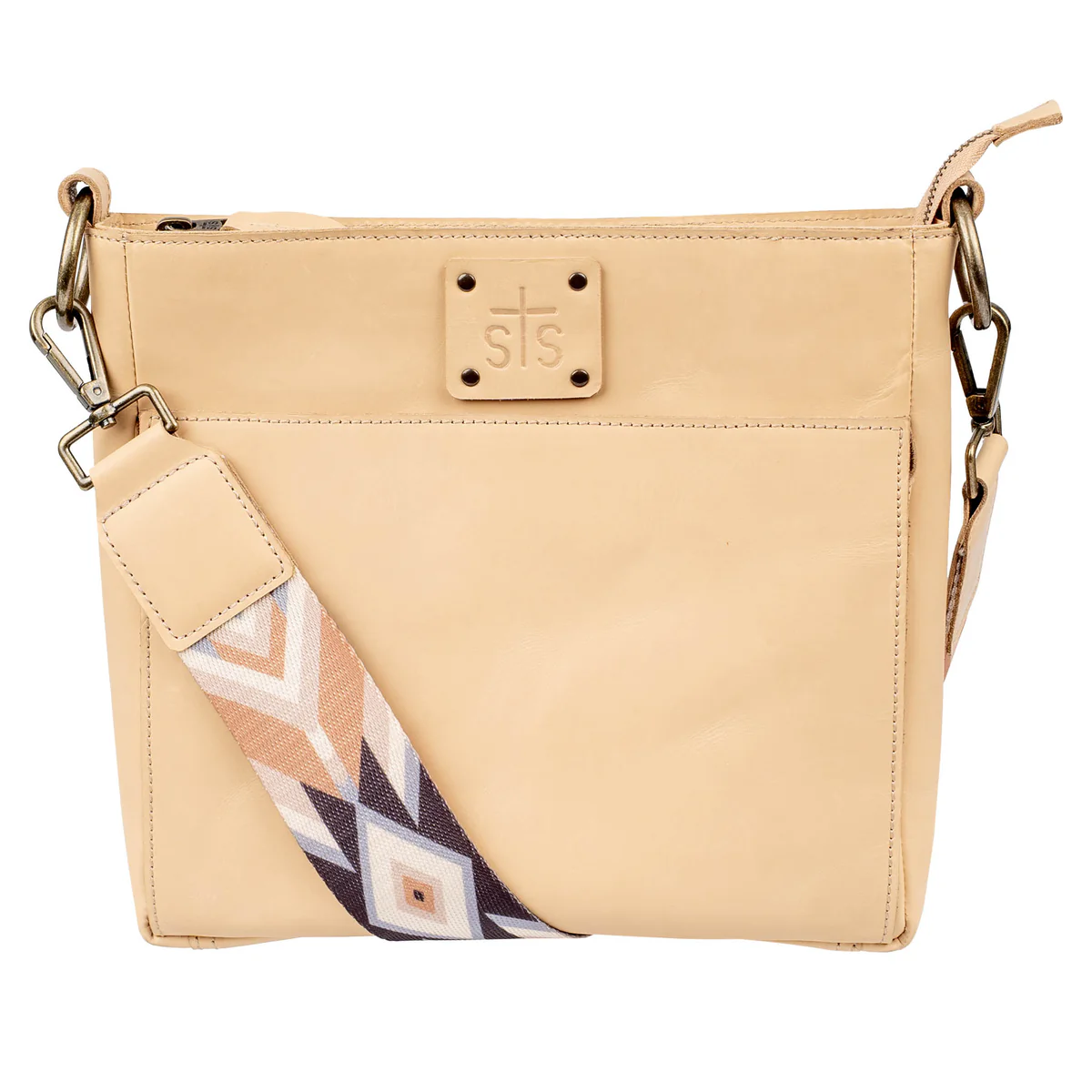 Beige handbag with a patterned strap on a white background