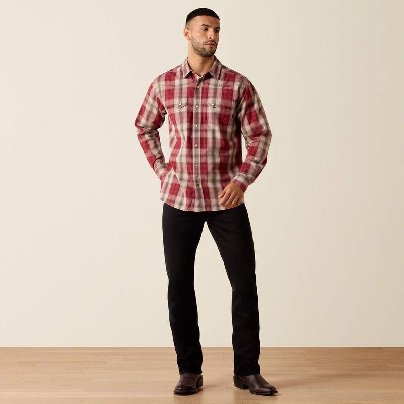 Red and beige plaid snap shirt