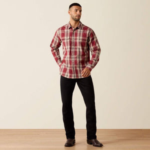 Red and beige plaid snap shirt