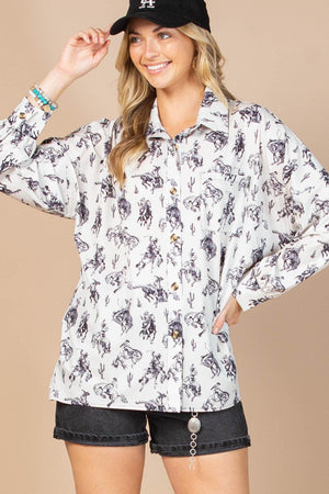 Bucking Horses Print Button Down Shirt