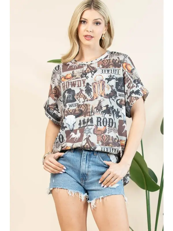 AUDREY Western Pritn Relaxed Fit Knit Top