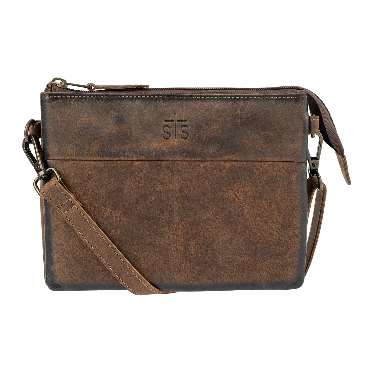 A brown distressed leather crossbody bag with a matching leather strap and a small embossed 'SIS' logo on the front, shown against a plain white background.