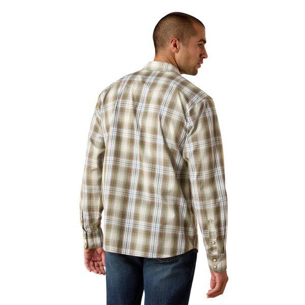 Man wearing a olive green plaid shirt 
