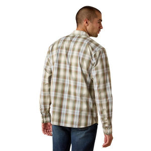Man wearing a olive green plaid shirt 