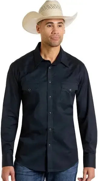 Rock & Roll Men's Solid Twill Long Sleeve Shirt- Black