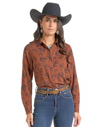 Long Sleeve Rust Cowboy Print Button Up Shirt