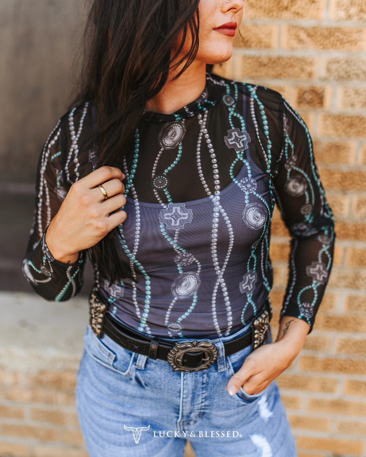 Black Turquoise Concho Long Sleeve Mesh Top