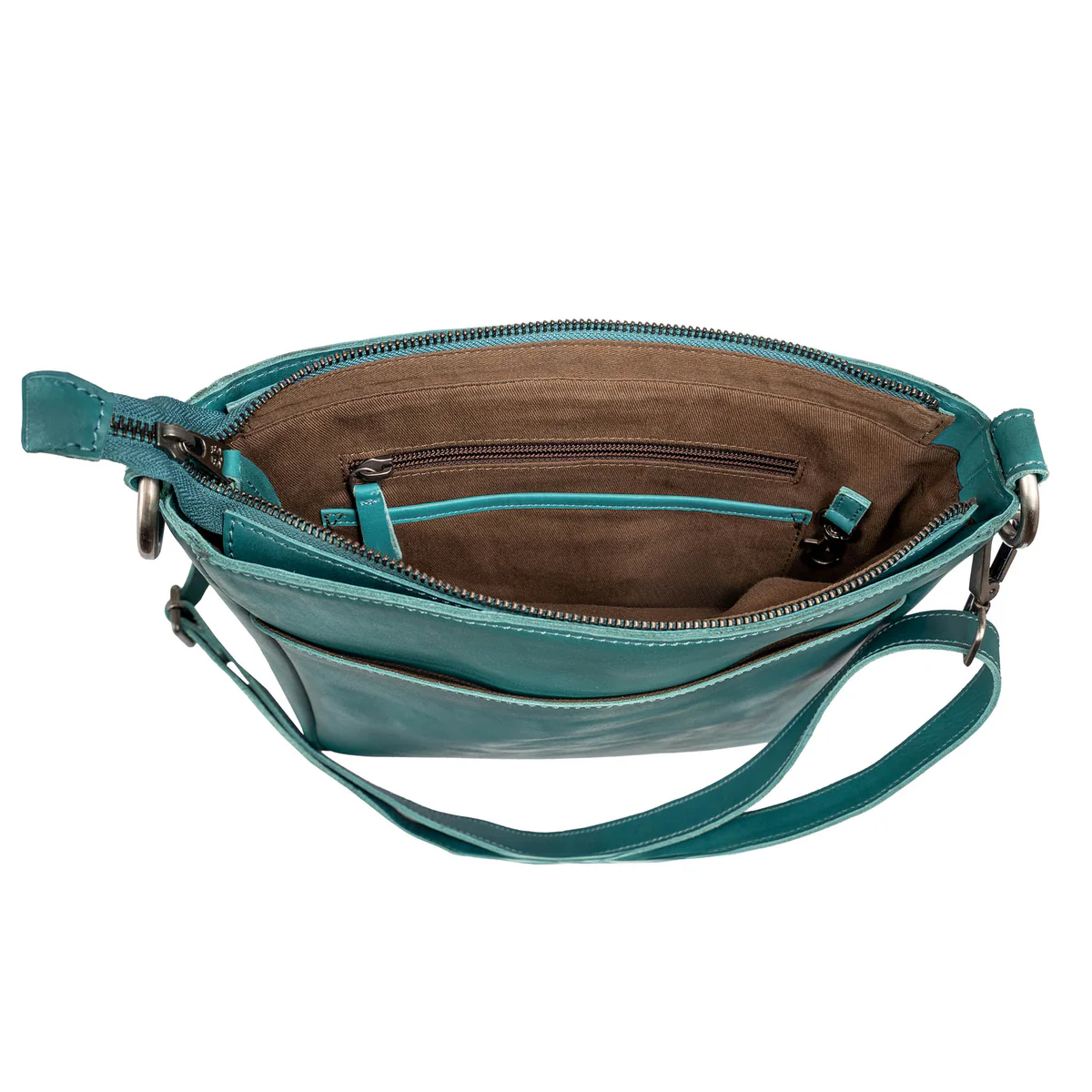 Teal handbag with a brown interior on a white background