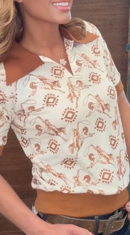 Woman wearing a patterned shirt with a blurred background