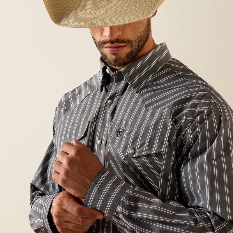 Grey striped long sleeve snap down western shirt