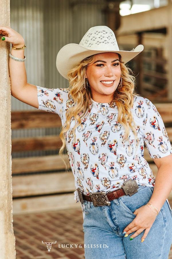 Pinup Cowgirl Short Sleeve Stretch Printed Top