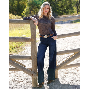 Cinch Ladies Brown Ribbed Floral Print Mock Neck Top