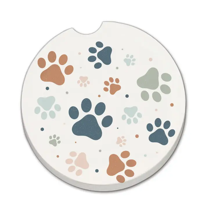 Car coaster with colorful paw prints on a white background