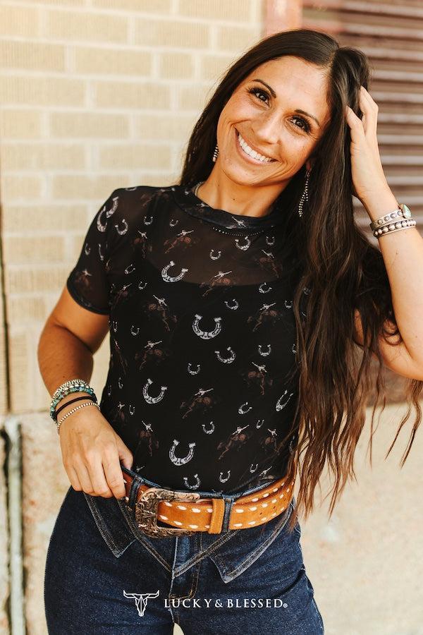 Horseshoe Print Short Sleeve Mesh Top