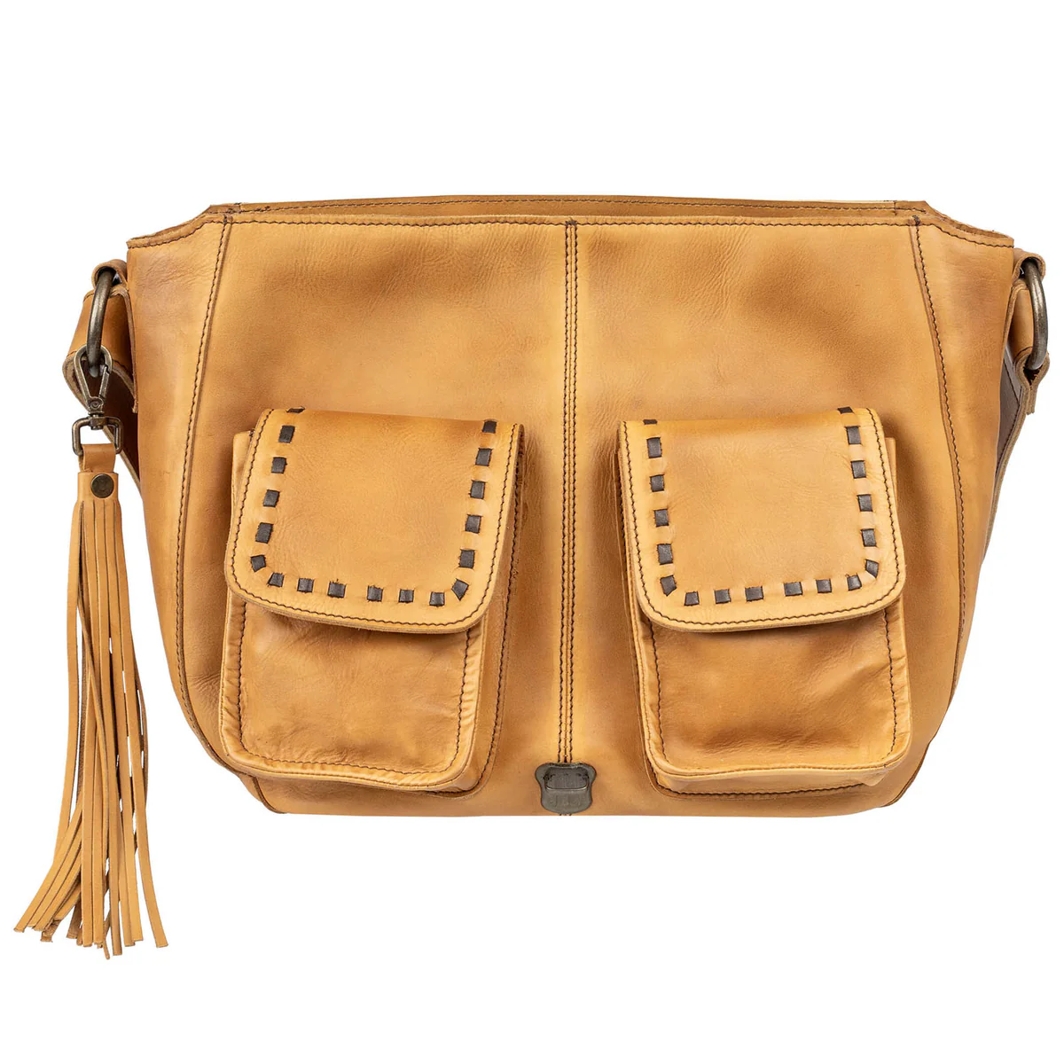 Tan leather bag with two flap pockets and a tassel on a white background