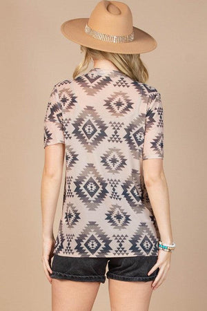 Erica Aztec Print Short Sleeve Mesh Top