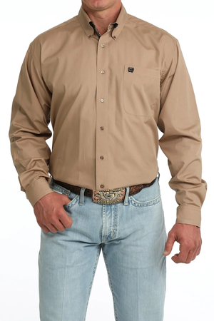 Cinch Men's Long Sleeve Solid Button Down Khaki