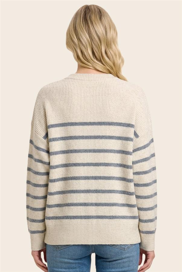 Oatmeal knit sweater with horizontal slate blue stripes 