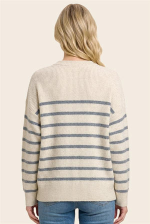Oatmeal knit sweater with horizontal slate blue stripes 