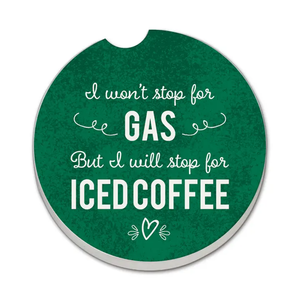 Green car coaster with white text on a white background