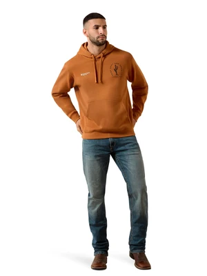 A man modeling a rust-orange pullover hoodie with a drawstring hood and kangaroo pocket, paired with blue jeans and brown boots, against a plain white background.