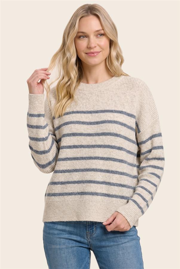 Oatmeal knit sweater with horizontal slate blue stripes 