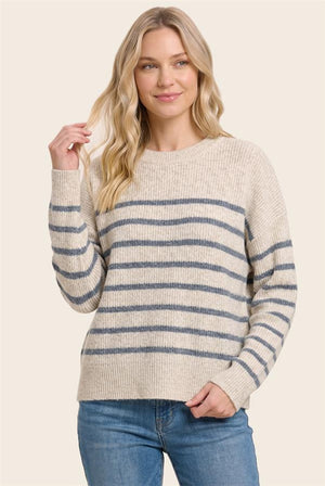 Oatmeal knit sweater with horizontal slate blue stripes 