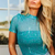 Turquoise Boot Stitch Short Sleeve Mesh Top