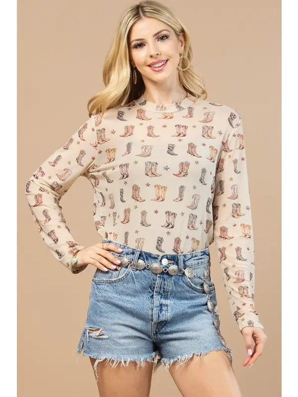 ANGIE Western Boots Print Semi Sheer Mesh Top