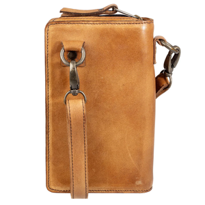 Brown leather crossbody bag with strap on a white background