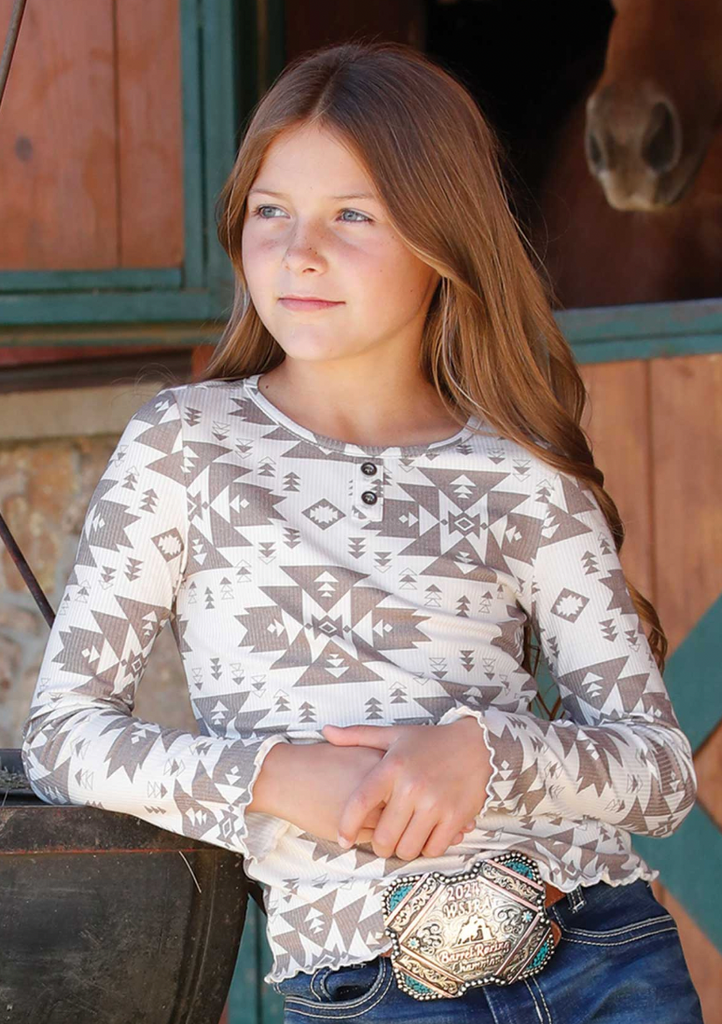 Cruel Girl's Long Sleeve Henley Cream Shirt