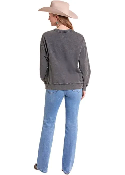 A woman shown from the back wearing a dark gray acid-wash crewneck sweatshirt, light blue jeans, and a beige cowboy hat against a plain white background.