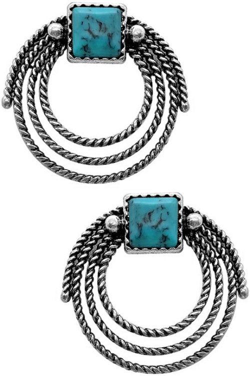 CABLE TEXTURED WESTERN ROPE GEMSTONE STUD EARRING