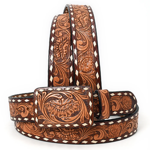 Two-Tone Tooled Leather Belt with Whipstitch Edge and Matching Buckle
