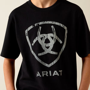 Black t-shirt with a graphic design and 'Ariat' branding on a neutral background