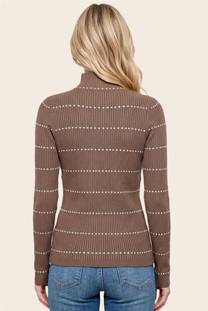Brown ribbed mock-neck long-sleeve sweater with thin white dotted horizontal stripes