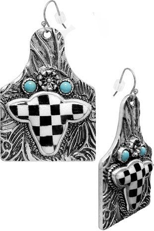 WESTERN COW CHECKER GEMSTONE CATTLE TAG EARRING