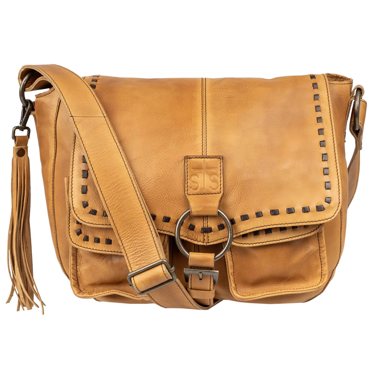 Brown leather bag with studded details on a white background