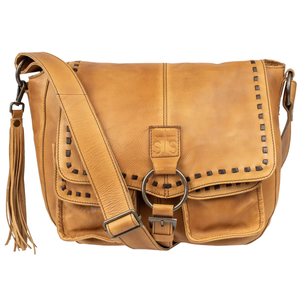 Brown leather bag with studded details on a white background