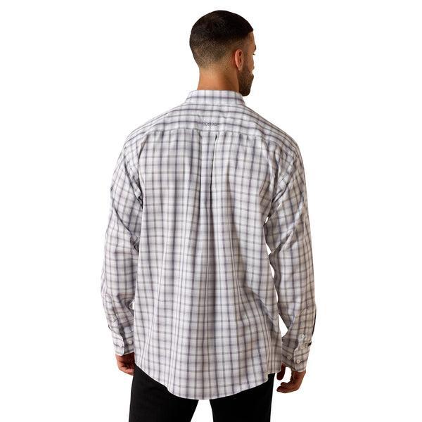 Plaid pattern shirt with black, white, and purple colors 