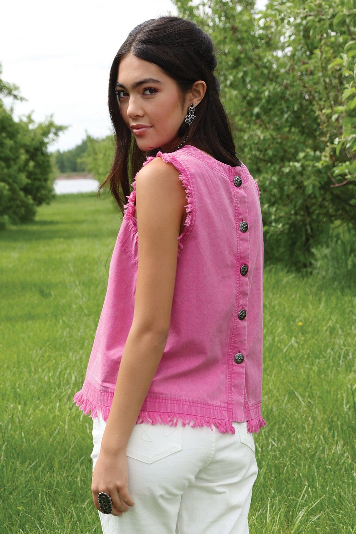 Mineral Wash Denim Concho Button Back Sleeveless Tank Top