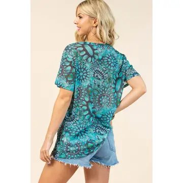 MARGO Turquoise Print Semi Sheer Mesh Top