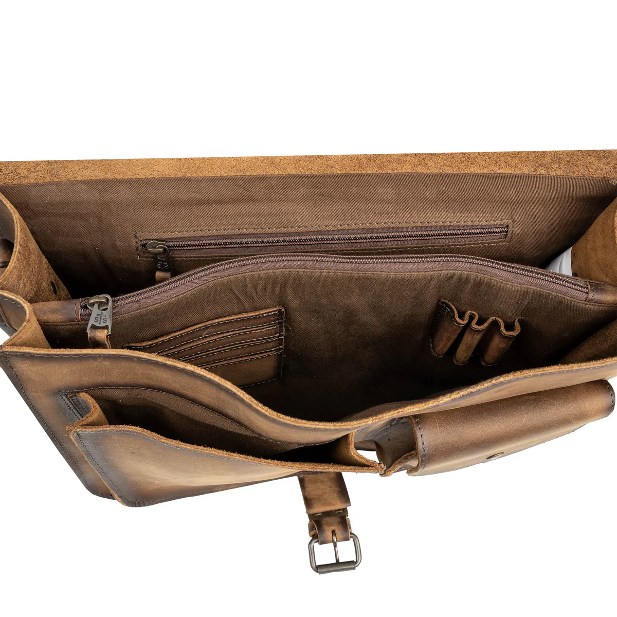 Brown leather bag with open compartments on a white background