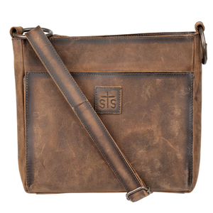 Brown leather crossbody bag with visible brand logo on a white background