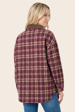 Burgundy and tan plaid button-up flannel shirt jacket with brown corduroy collar and chest flap pockets