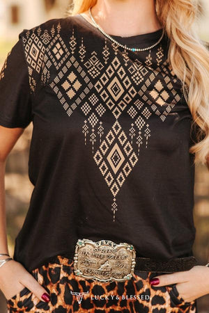 Black Khaki Aztec Printed Short Sleeve Top