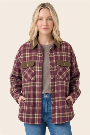 Burgundy and tan plaid button-up flannel shirt jacket with brown corduroy collar and chest flap pockets
