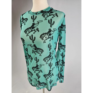 Western Print 3D Cactus & Cowboys Mesh Top
