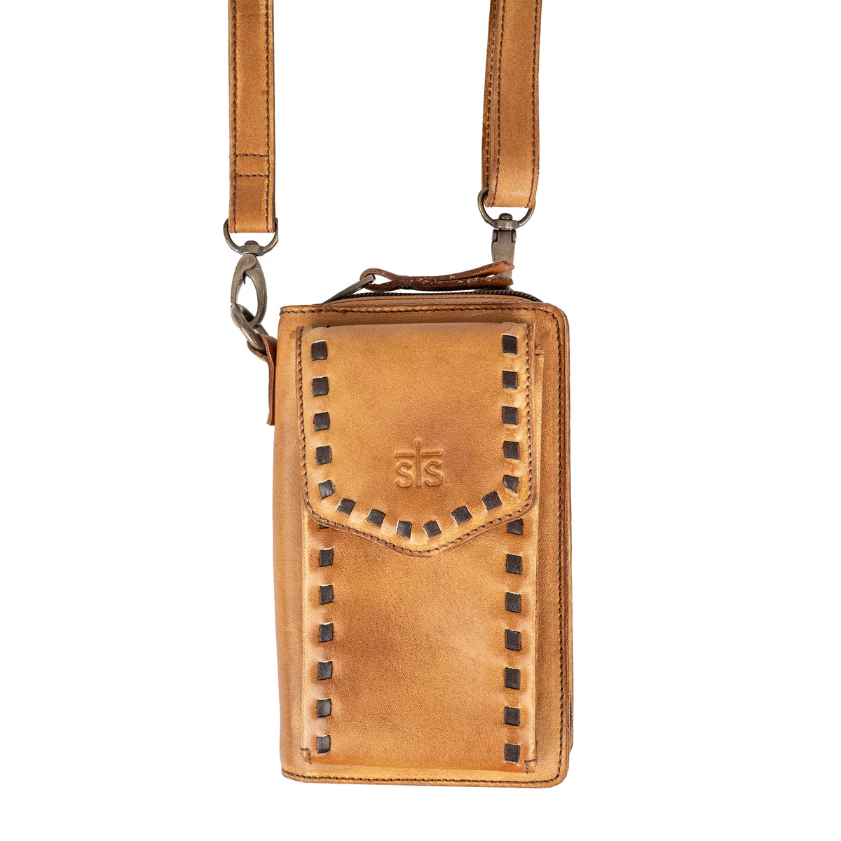 Brown leather crossbody bag with decorative stitching on a white background